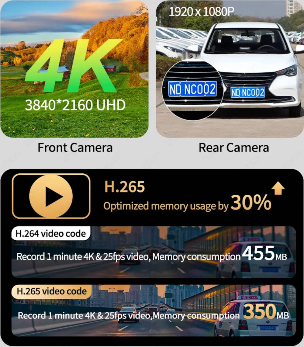 4K dashbordkamera med ryggekamera og ADAS